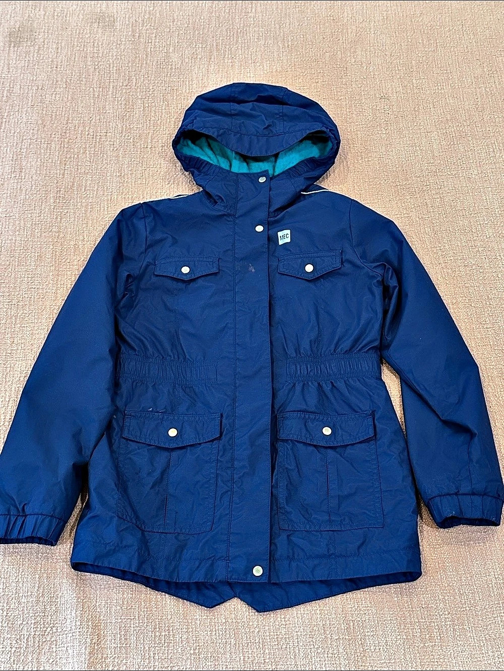 MEC girl’s waterproof Blue Hooded Utility reflective Jacket - fleece lined